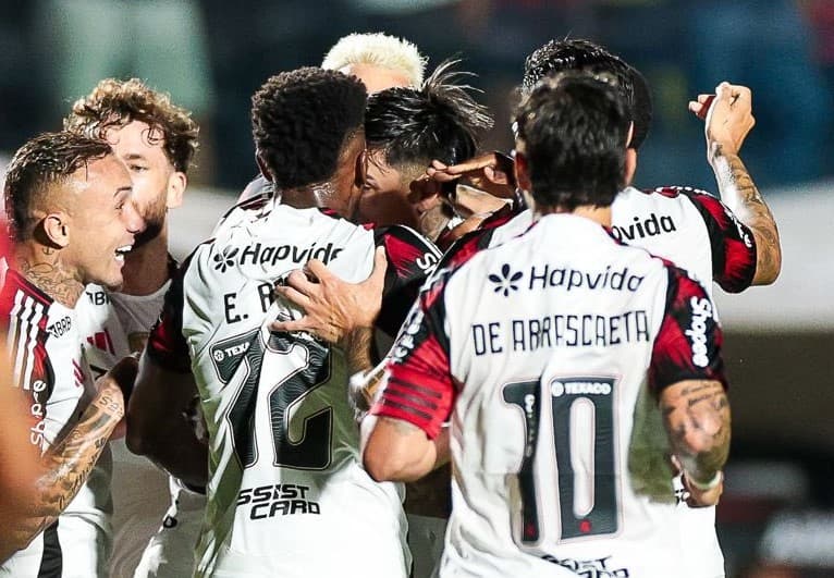 Jogadores do Flamengo comemoram gol de Pulgar sobre o Vitória