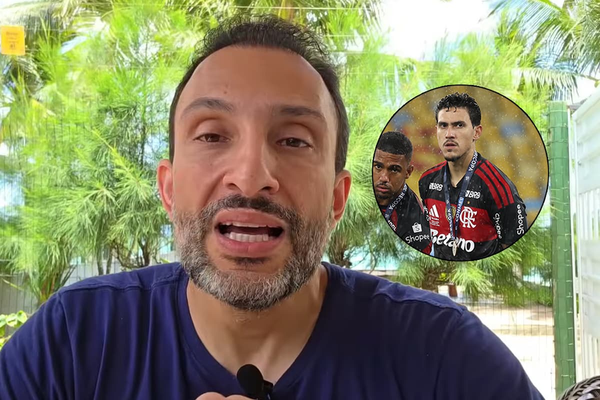 VSR durante vídeo do YouTube ao lado de foto de Pedro após Flamengo x Lanús