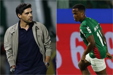 Montagem com fotos de Abel Ferreira sério com mãos nos bolsos e Jhon Arias em ação durante Palmeiras 1x0 Novorizontino pela ida da final do Paulistão 2026