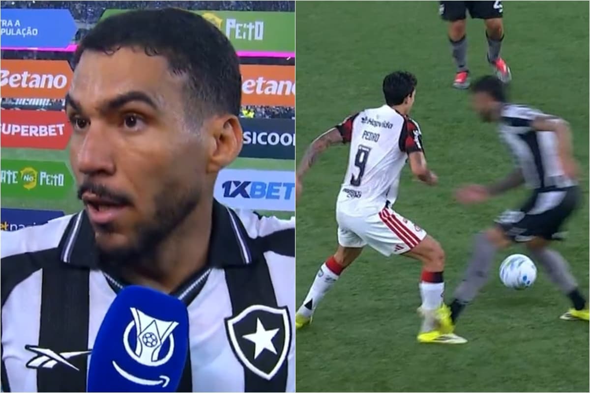 Montagem de Allan reclamando com lance de pisão de Barboza em Pedro durante Botafogo x Flamengo