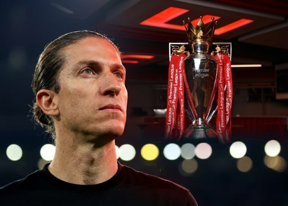 Montagem de Filipe Luís olhando para cima e "vendo" o troféu da Premier League