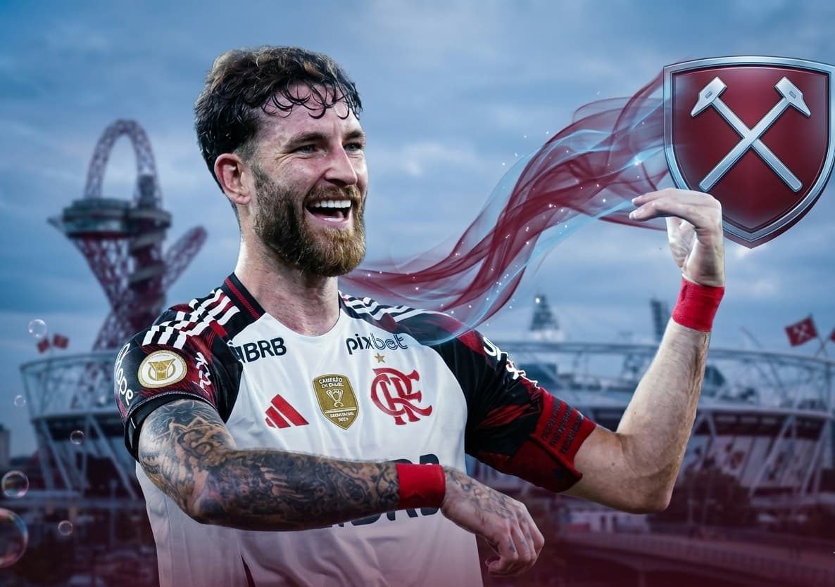 Montagem usando foto de Léo Pereira comemorando gol pelo Flamengo e elementos como escudo e estádio do West Ham