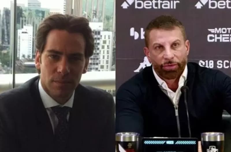 Montagem com rostos de Marcos Lamacchia, enteado de Leila Pereira interessado em comprar SAF do Vasco, e Pedrinho, atual presidente do clube