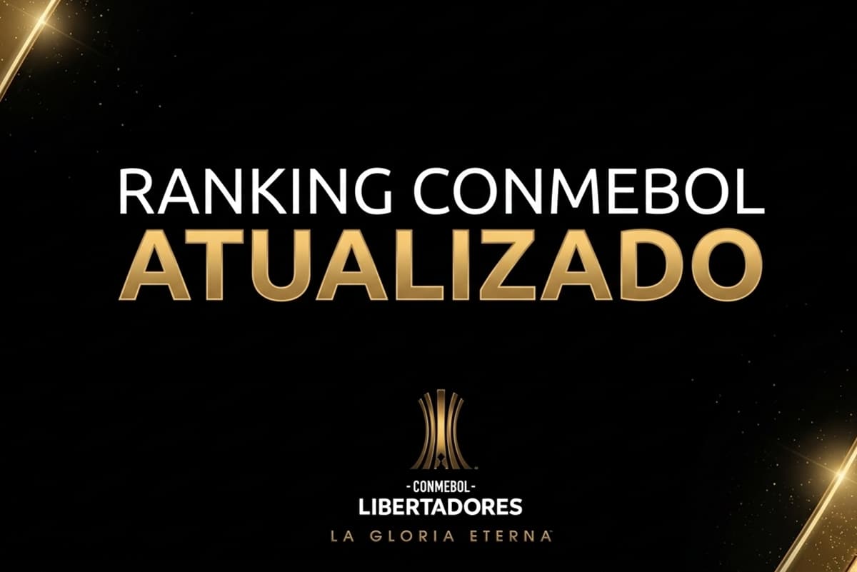 Arte com texto "ranking conmebol atualizado" com elementos pretos e dourados
