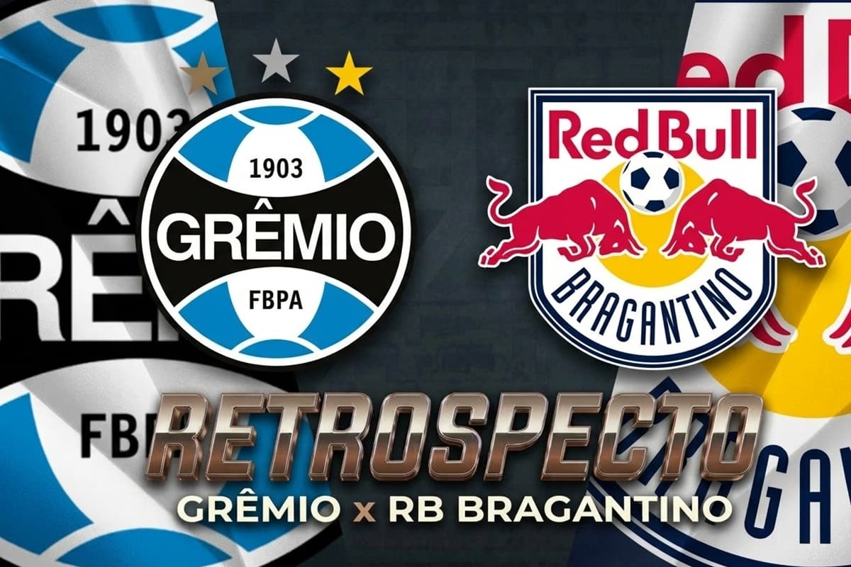 Montagem com escudos de Grêmio e Bragantino com texto "retrospecto"