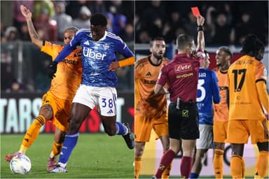 Montagem com lance em que juiz viu falta de Wesley e momento que aplica o cartão vermelho ao lateral da Roma e ex-Flamengo