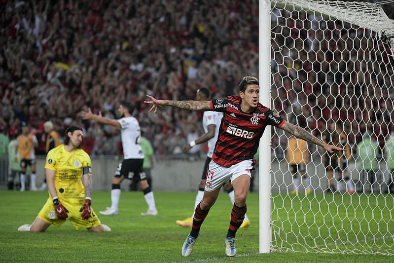 Pedro comemorando gol do Flamengo contra o Corinthians pela Libertadores