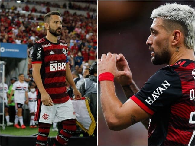 Arrascaeta comemora seu gol fazendo coração com as mãos para a torcida do Flamengo na vitória do Flamengo sobre o São Paulo