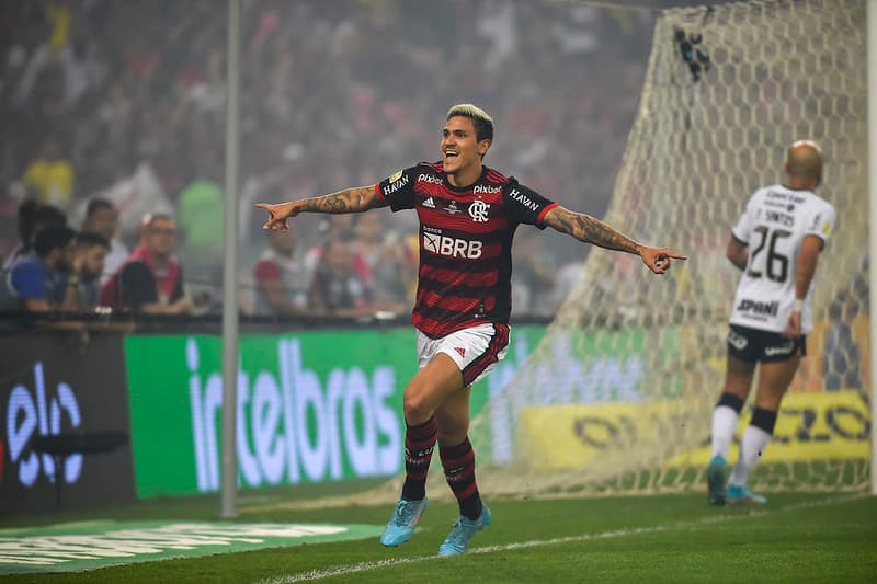 Pedro comemorando gol do Flamengo contra o Corinthians; confira palpites para jogo pelo Brasileirão