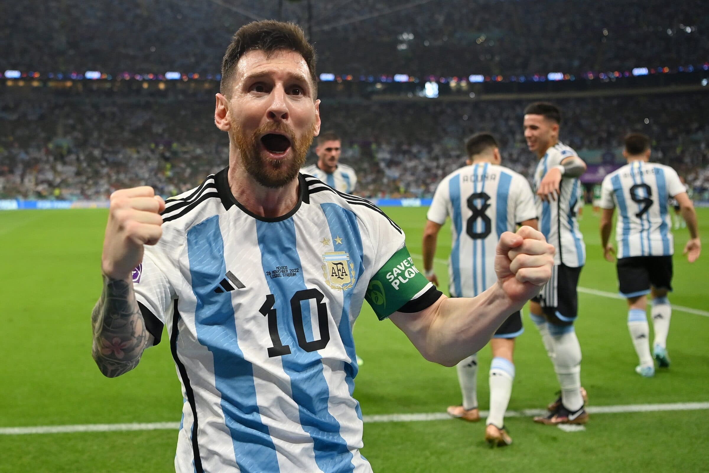 Messi comemora gol da vitória em Argentina x México pela Copa do Mundo do Catar