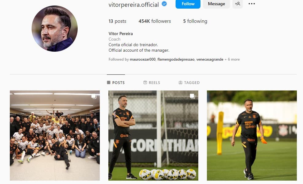 Perfil oficial de Vitor Pereira no Instagram não menciona o Flamengo. Foto: Reprodução