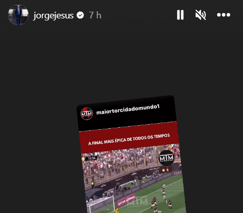 Jorge Jesus posta story relembrando título da Libertadores de 2019