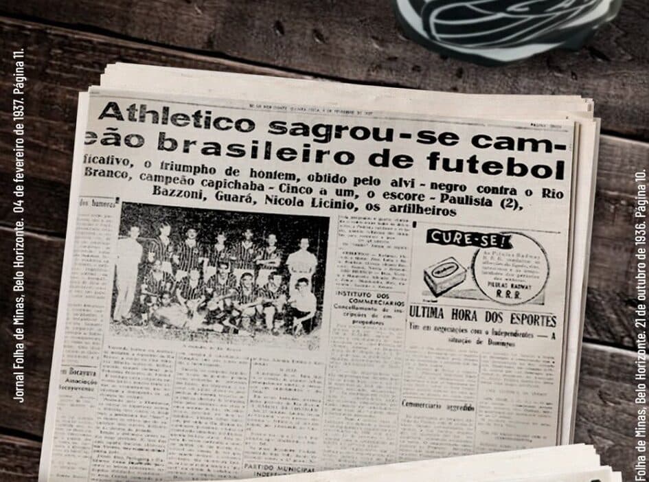 Edição da Folha de Minas, jornal de Belo Horizonte, sobre Atlético-MG campeão brasileiro de 1937