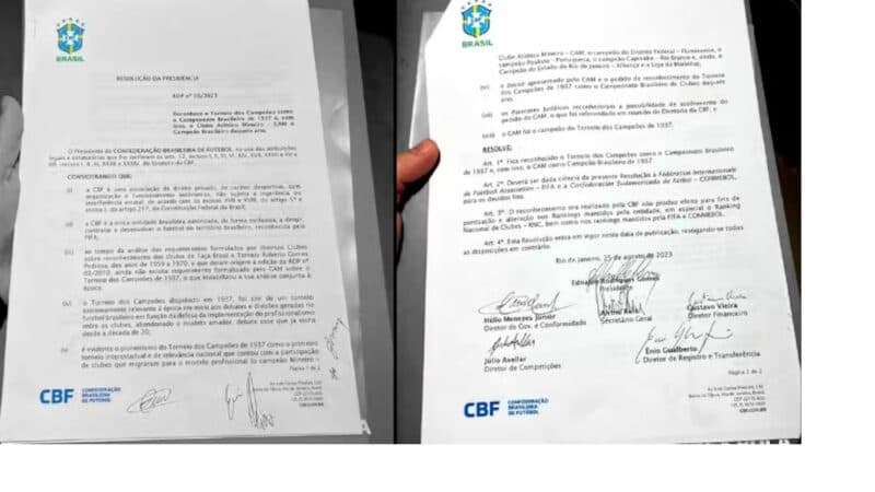 Fax da CBF reconhecendo título brasileiro do Atlético-MG em 1937, que junta clube a Palmeiras, Fluminense e Santos