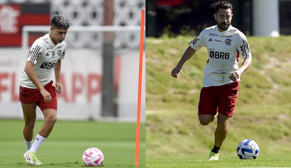 Everton Ribeiro e Luiz Araújo em treino do Flamengo; Jogadores disputam vaga no time titular