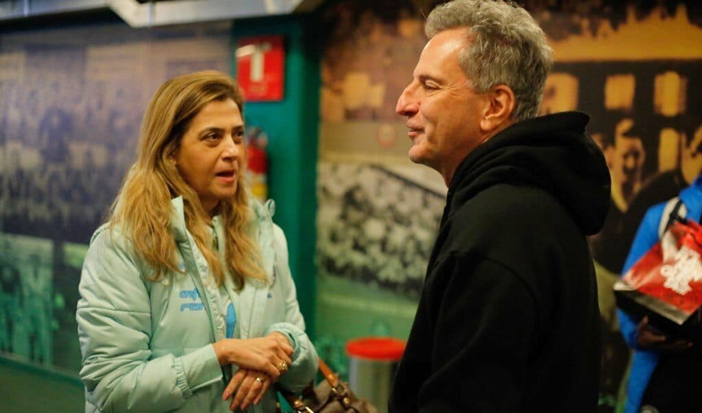 Leila Pereira conversa com Landim no Allianz Parque; presidente do Palmeiras comentou relação com mandatário rubro-negro