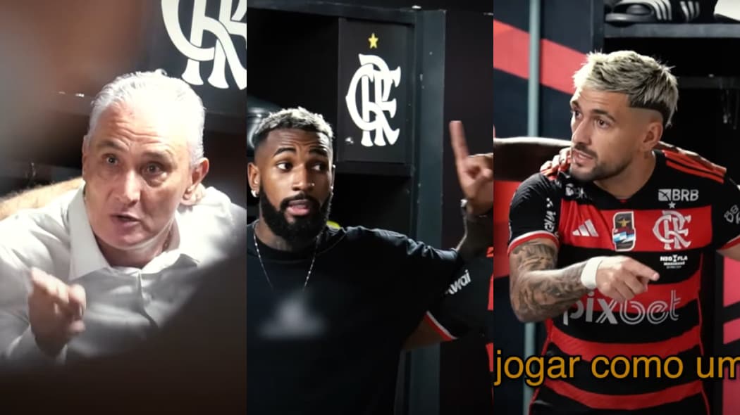 Tite, Gerson e Arrascaeta no vestiário do Flamengo antes de final do Carioca contra o Nova Iguaçu