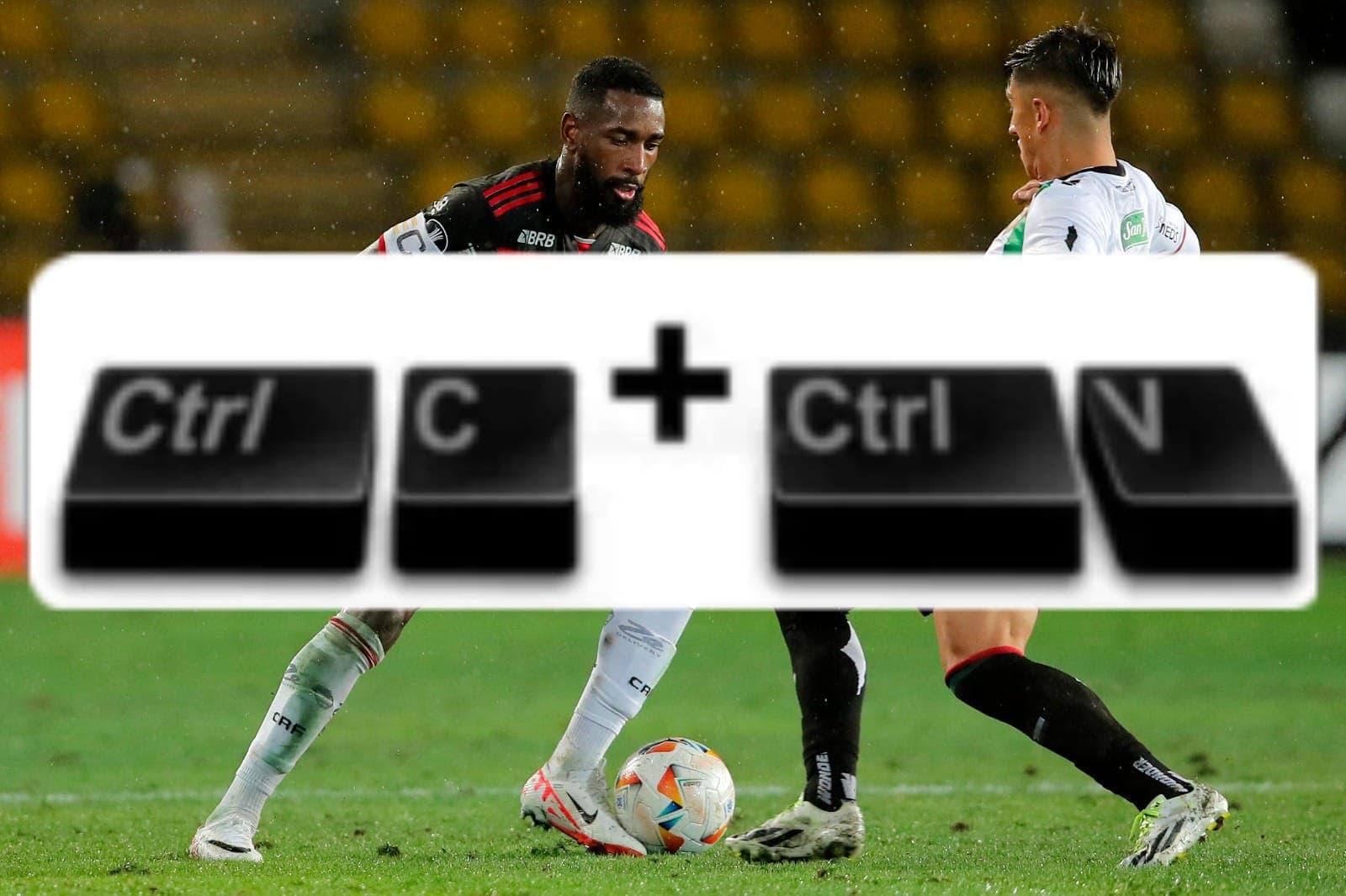 Imagem de teclas sobrepostas a foto de Gerson tentando driblar jogador do Palestino