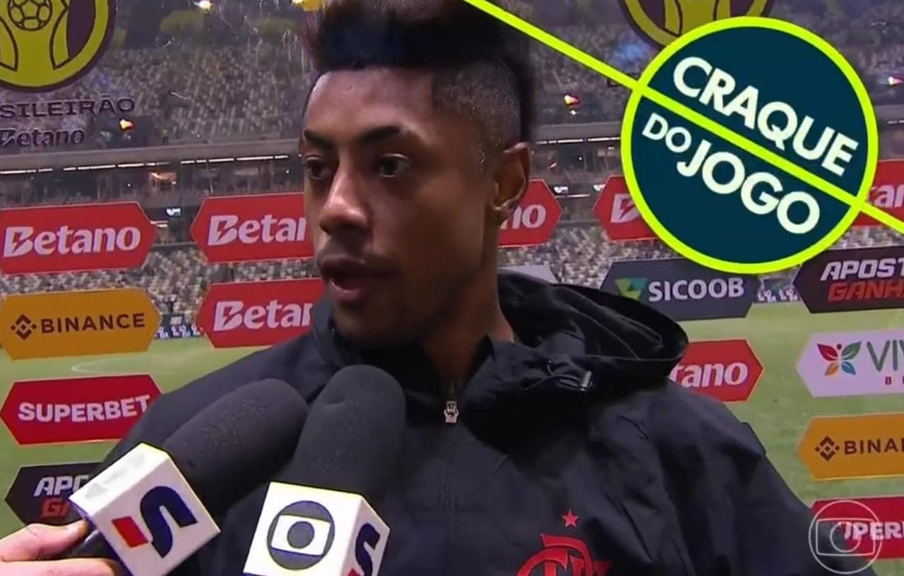 Bruno Henrique fala para Globo e SporTV após vitória do Flamengo sobre o Atlético-MG no Brasileirão; na imagem aparece o selo de craque do jogo, já que ele foi eleito pela votação do público e comentaristas