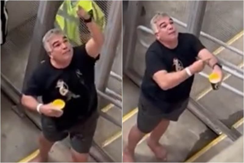 Torcedor do Atlético-MG faz gestos racistas para torcida do Flamengo durante partida pelo Brasileirão 2024 na Arena MRV