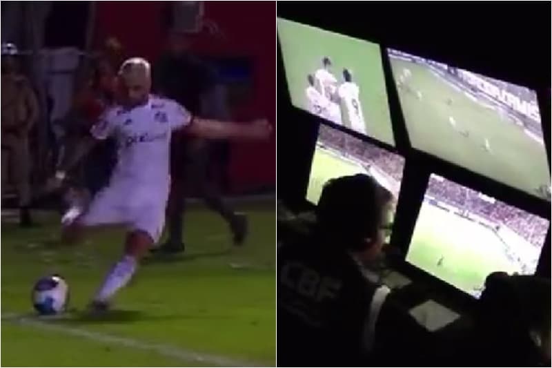À esquerda frame utilizado pelo VAR de Arrascaeta cobrando escanteio; à direita cabine do VAR checando lance que foi anulado e gerou polêmica