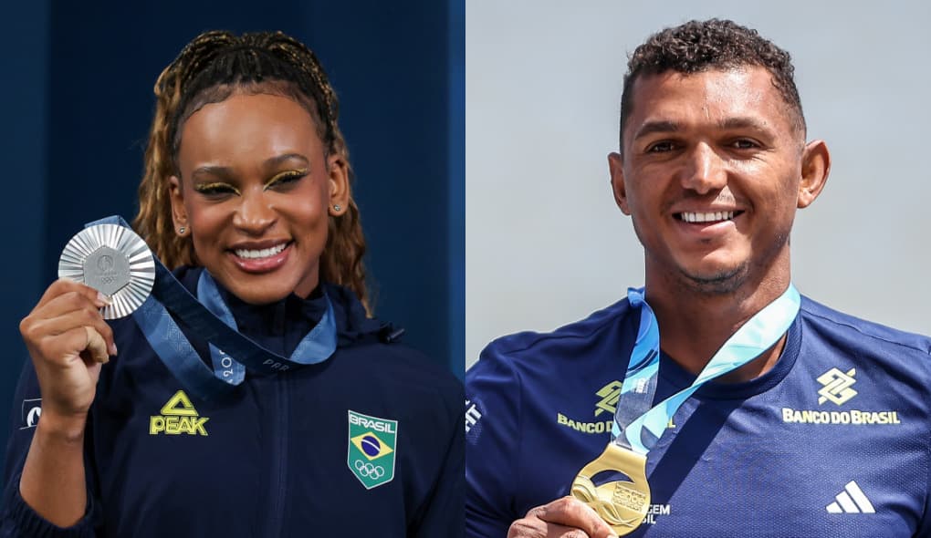 Rebeca Andrade, à esquerda, com medalha de Prata em Paris, e Isaquias Queiroz; atletas do Flamengo competem na Semana 2