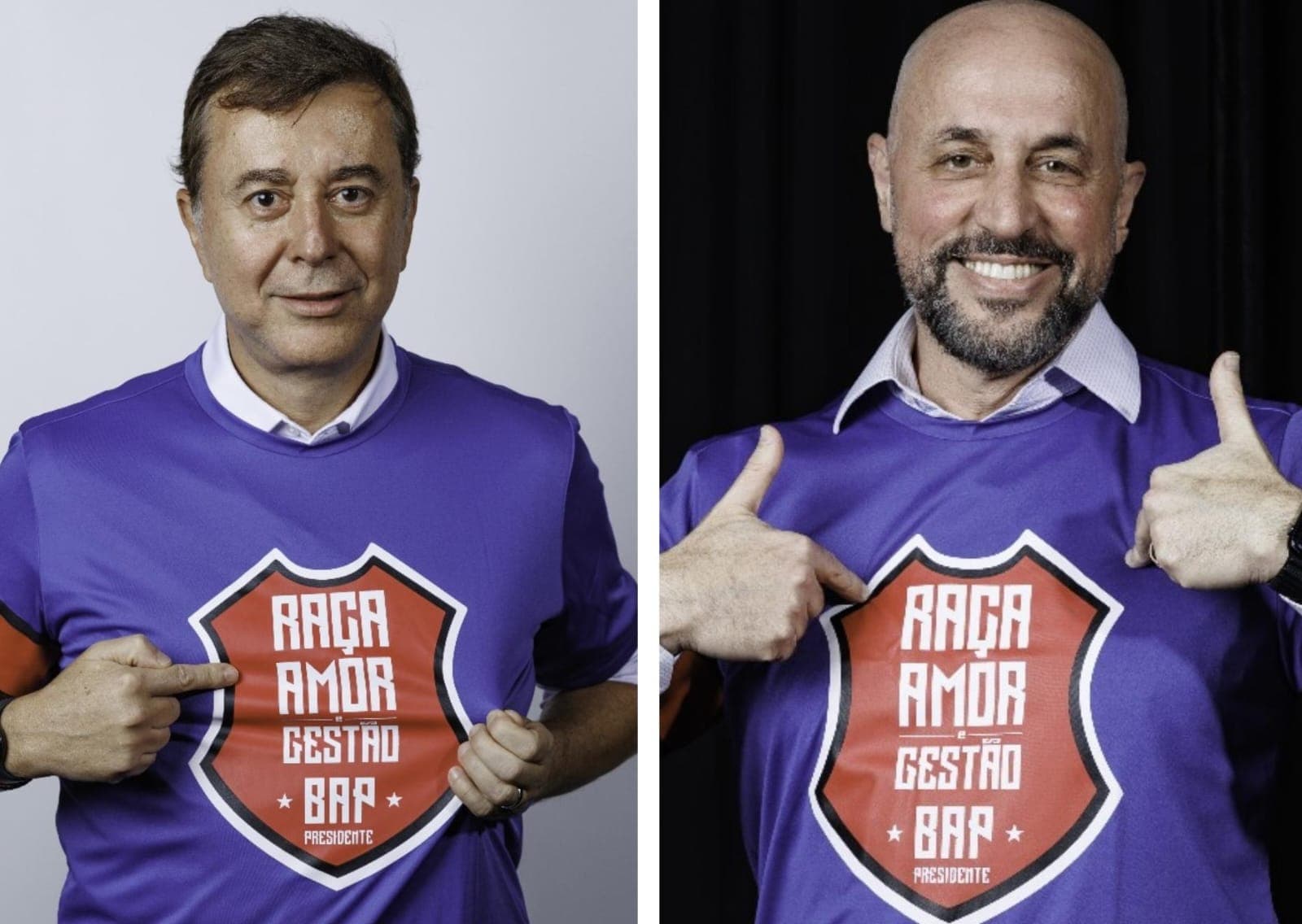 Fábio Coelho e Claudio Pracownik com camisa de chapa de Bap, candidato à presidência do Flamengo