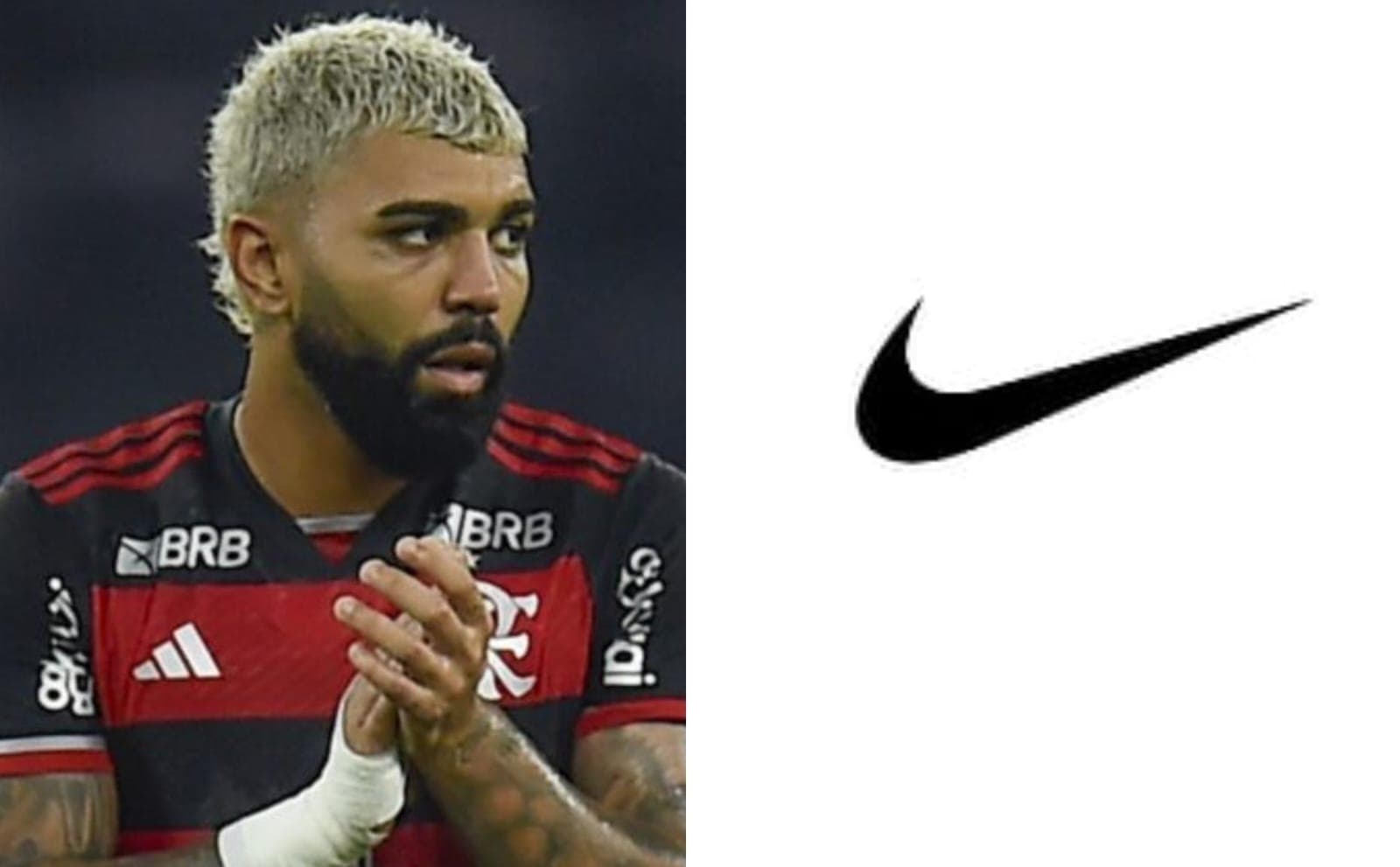 Gabigol bate palma com camisa do Flamengo e olha para símbolo da Nike em montagem do MRN