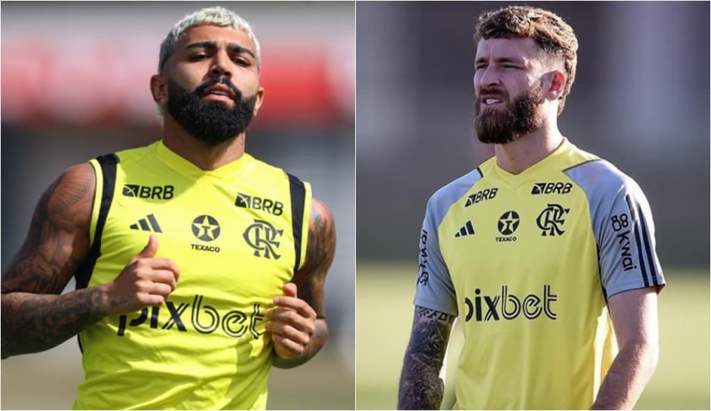 Gabigol e Léo Pereira em treinos do Flamengo; duple deve retornar contra o Bahia na Copa do Brasil