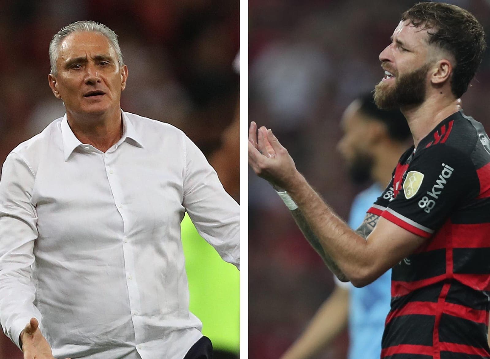 Tite gesticula e Léo Pereira reclama franzindo a testa