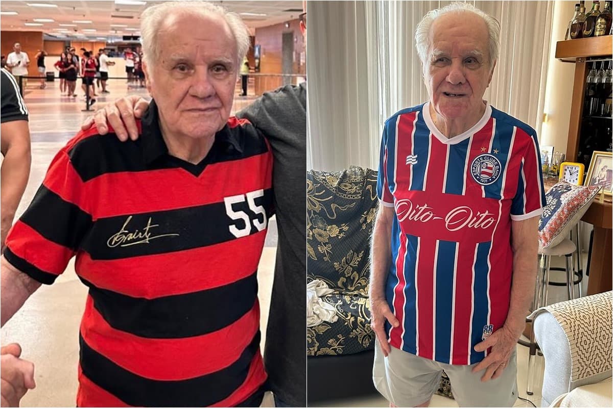 Montagem de Evaristo de Macedo com camisas do Flamengo e do Bahia; ele é ídolo nos dois times