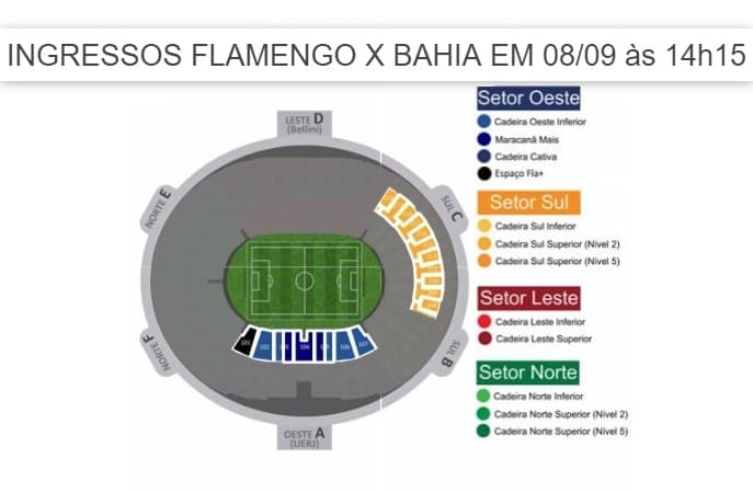 flamengo x bahia ingressos: Imagem do mapa de ingressos para o jogo entre Flamengo e Bahia mostra setores disponíveis
