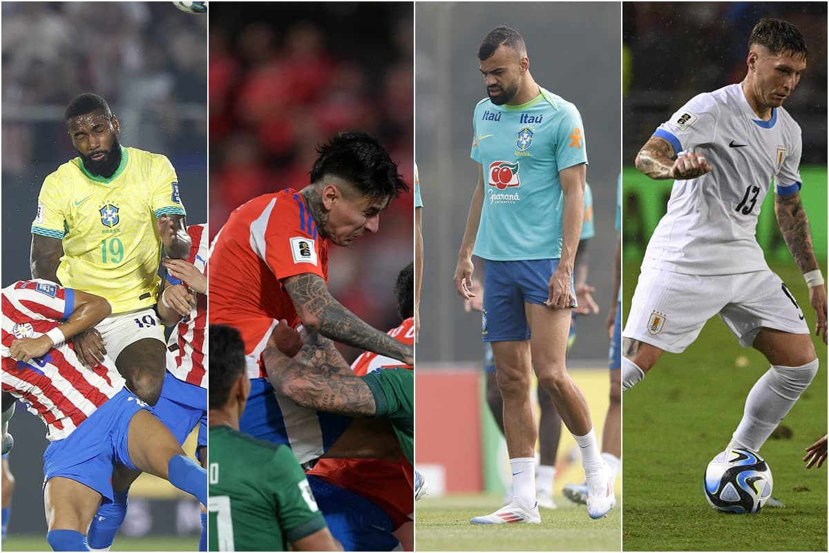 Montagem com fotos de Gerson, Pulgar, Fabrício Bruno e Varela pelas seleções brasileira, chilena e uruguaia durante Data Fifa