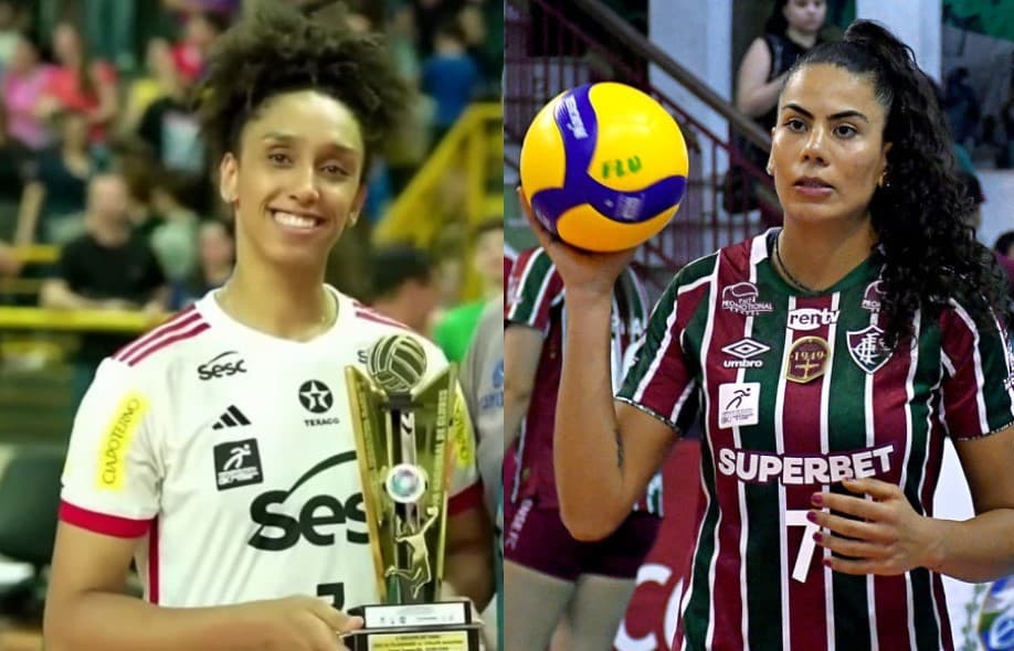 Lorena em vitória do Sesc Flamengo, à esquerda, e Lays do Fluminense à direita; centrais projetam jogo pelo Carioca Feminino de Vôlei