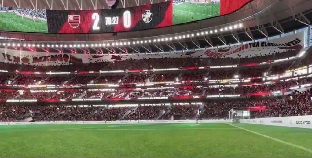 Flamengo provoca Vasco com placar simulado em jogo fictício no projeto do novo estádio