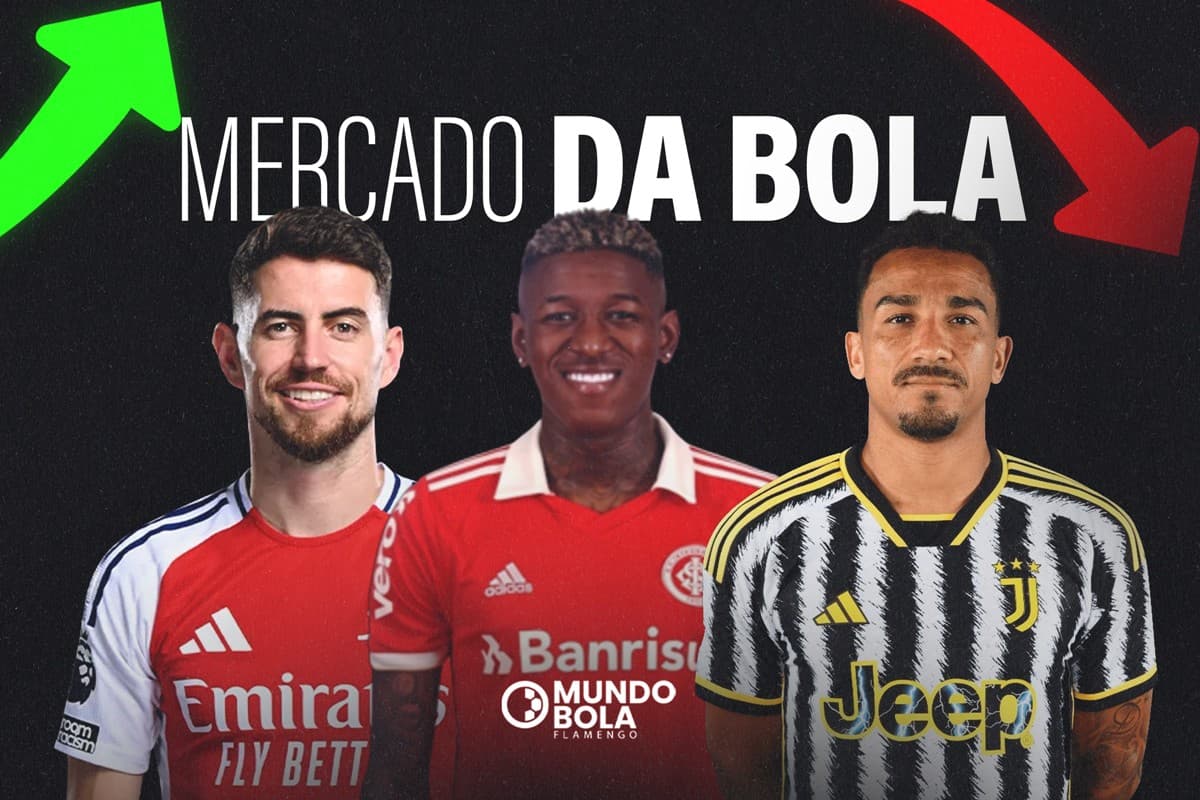 Montagem com fotos de Jorginho, Vitão e Danilo, setas verdes e vermelhas e letreiro "mercado da bola" em relação aos rumores envolvendo o Flamengo hoje