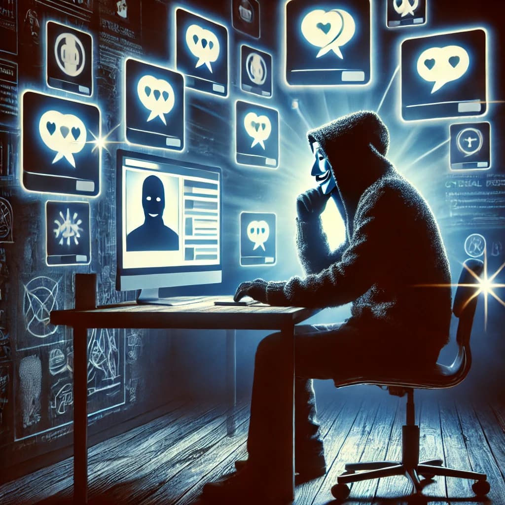Ilustração conceitual representando alguém usando um perfil falso para atacar outras pessoas na internet