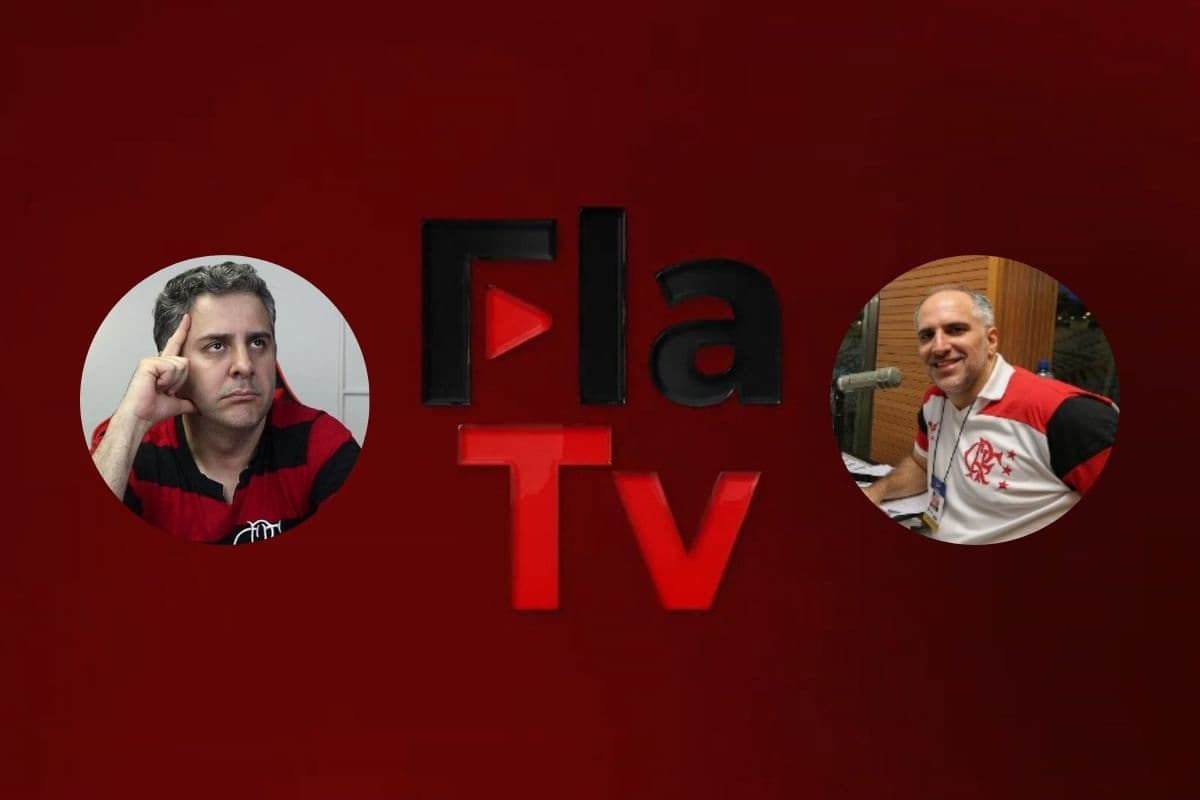 Montagem com o logo da FlaTV com a foto de Reikraus do lado esquerdo e de Antônio Tabet na direita