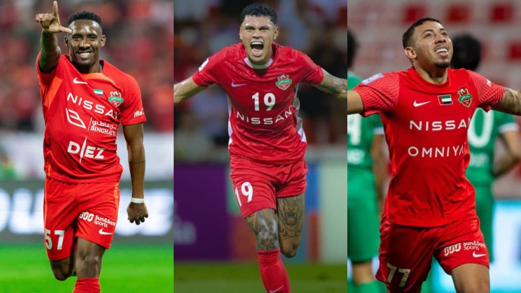 Yuri César, Matheusão e Guilherme Bala comemoram gols pelo Shabab Al Ahli