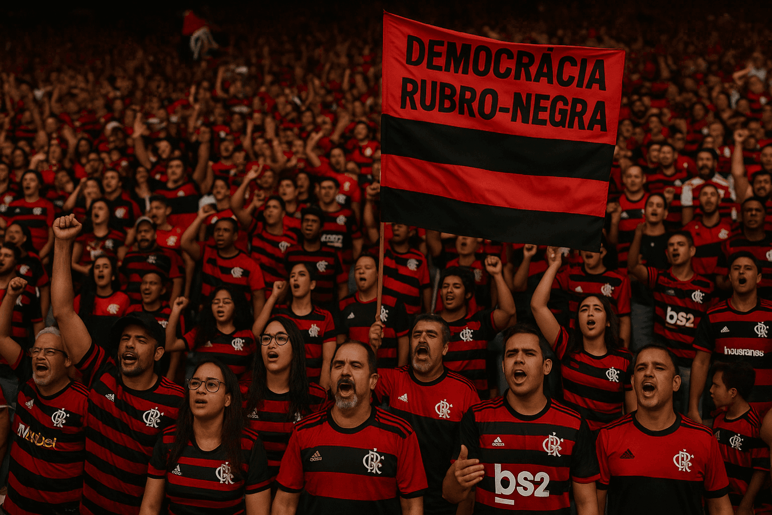 Arte computadorizada mostra torcedores do Flamengo vibrando com bandeira da democratização do clube