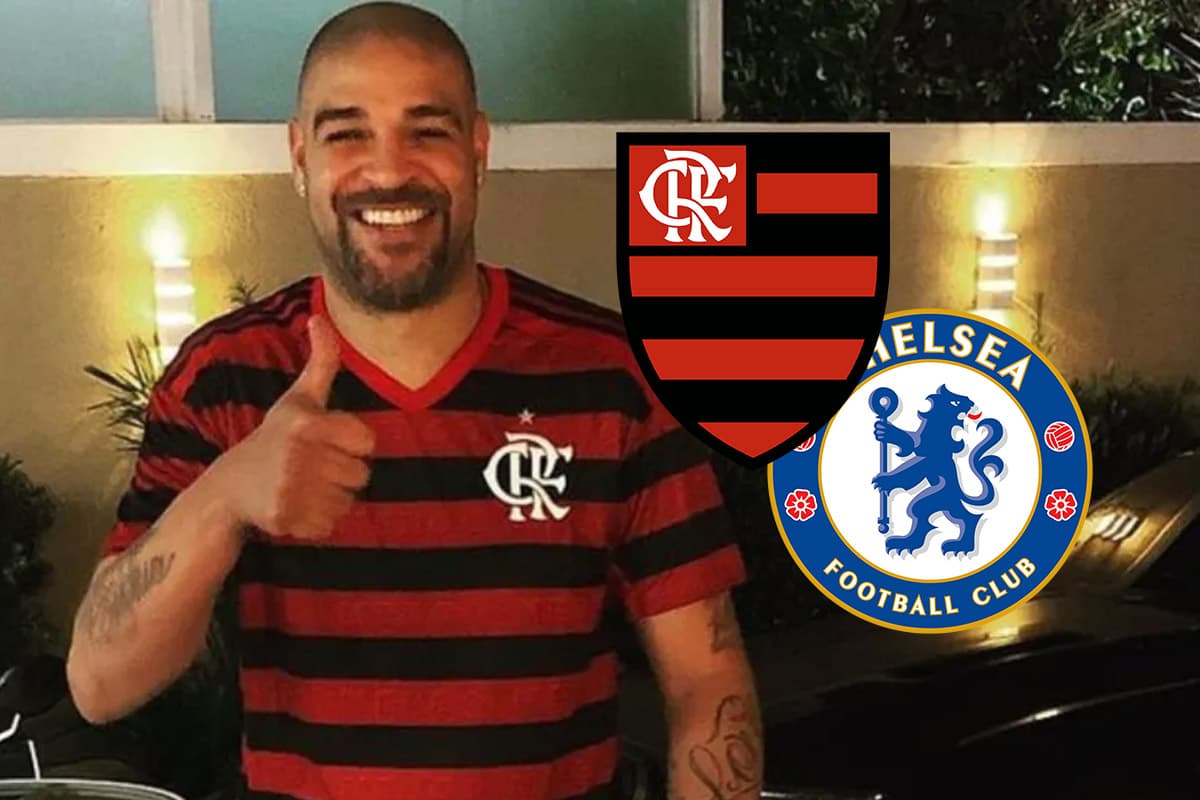 Montagem com Adriano Imperador ao lado do escudo do Flamengo e Chelsea