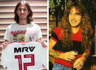 Filipe Luís e Steve Harris, do Iron Maiden