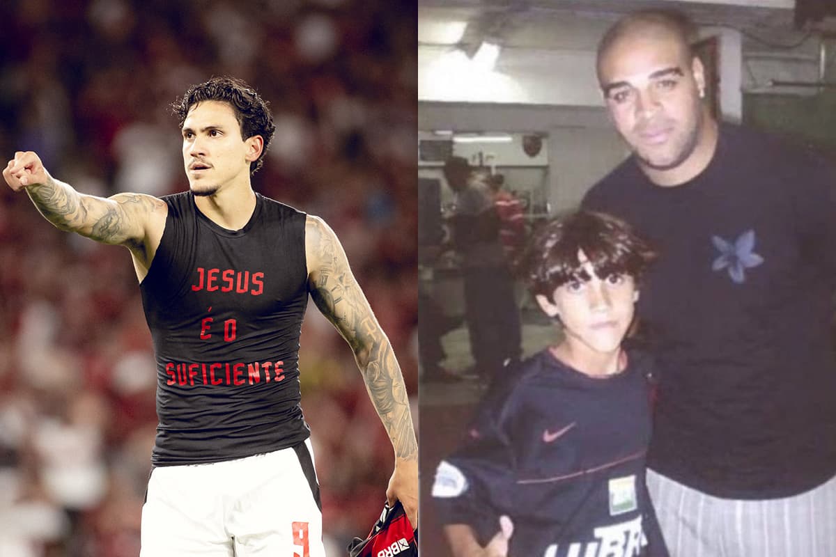 Montagem com Pedro comemorando gol pelo Flamengo ao lado de uma foto dele, mais novo, com Adriano Imperador
