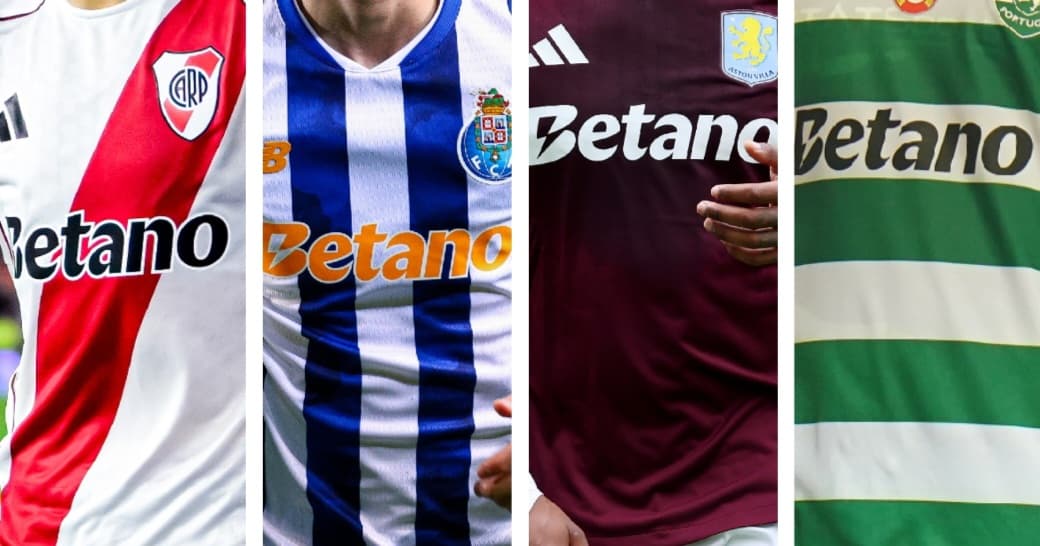Montagem com as camisas dos outros clubes patrocinados pela Betano: River Plate, Porto, Aston Villa e Sporting, em sequência