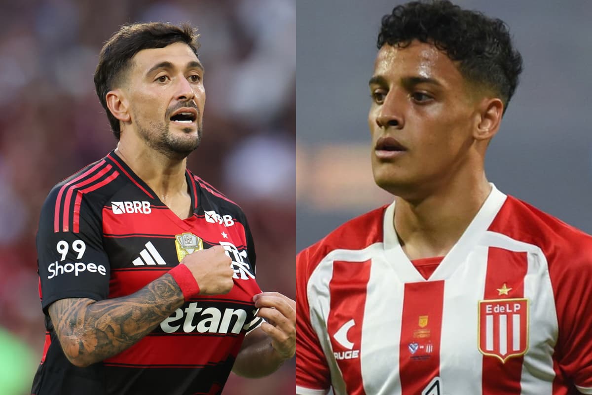 Montagem com Arrascaeta comemorando gol pelo Flamengo e Tiago Palacios com a camisa do Estudiantes
