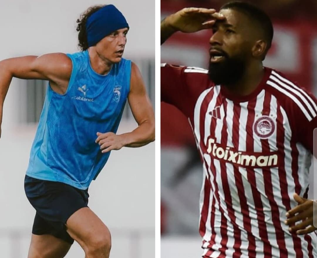 David Luiz em treino pelo Pafos e Rodinei em campo pelo Olympiacos