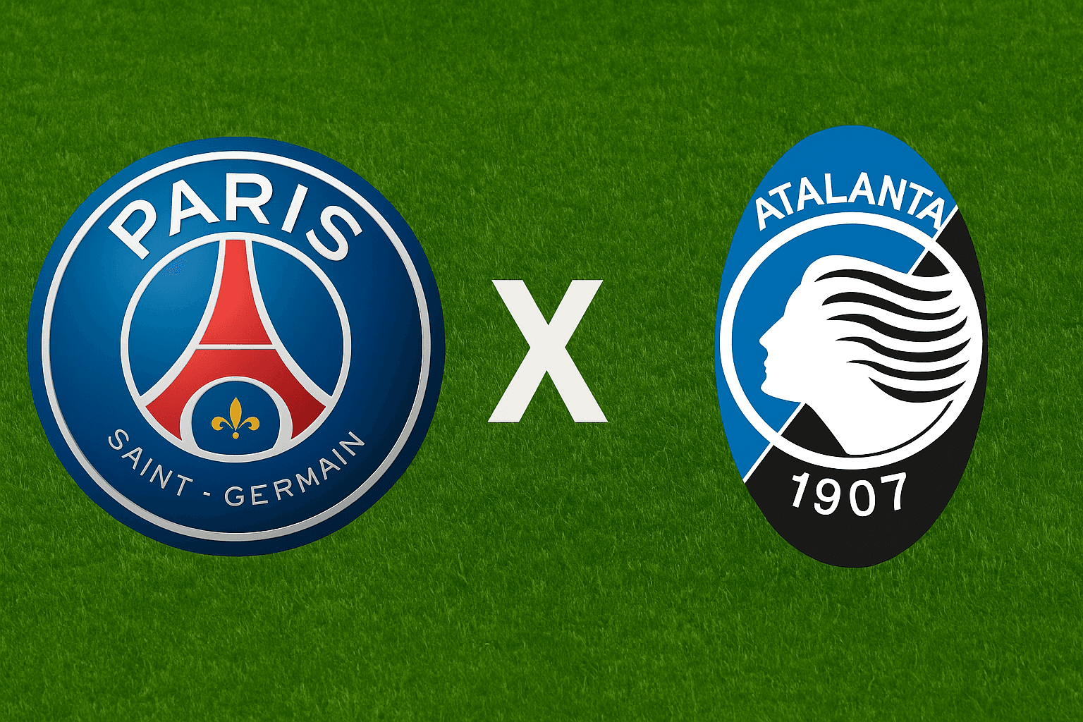 Escudos de PSG x Atalanta com fundo de "gramado" para matéria de palpites