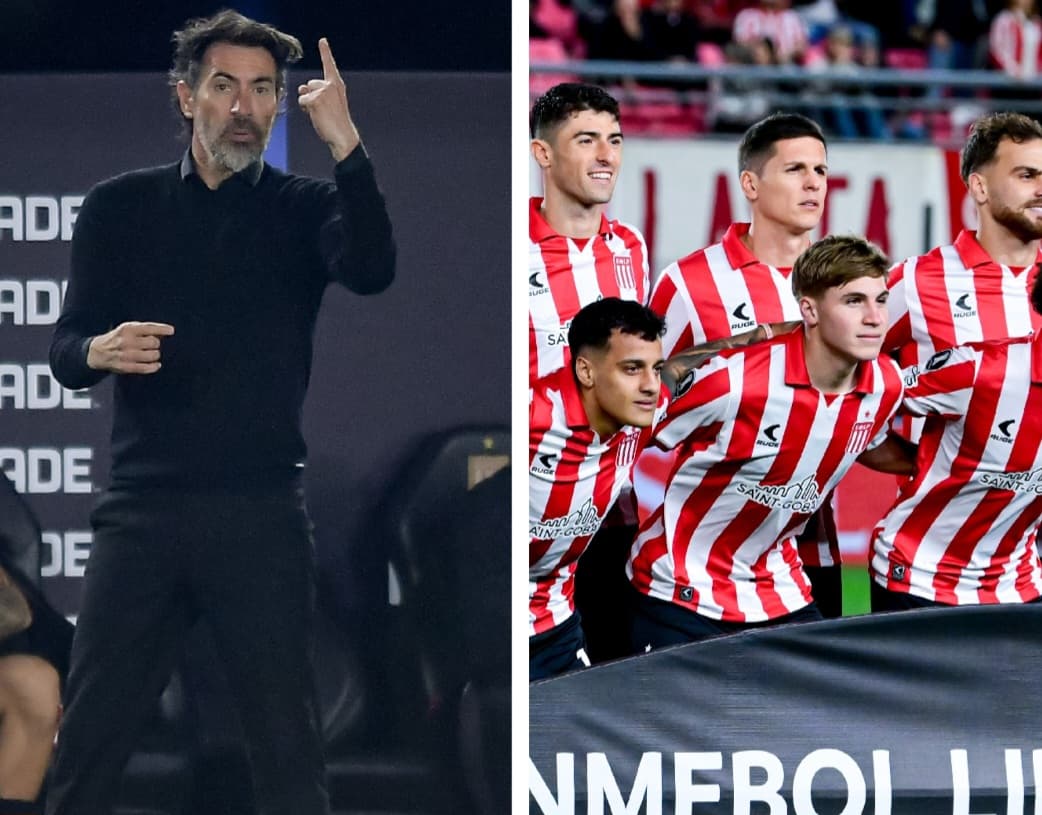 Técnico do Estudiantes ao lado do elenco na Libertadores