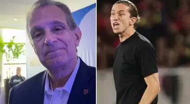 Montagem com Bap com semblante simpático à esquerda e Filipe Luís gritando na beira do campo durante jogo do Flamengo à direita