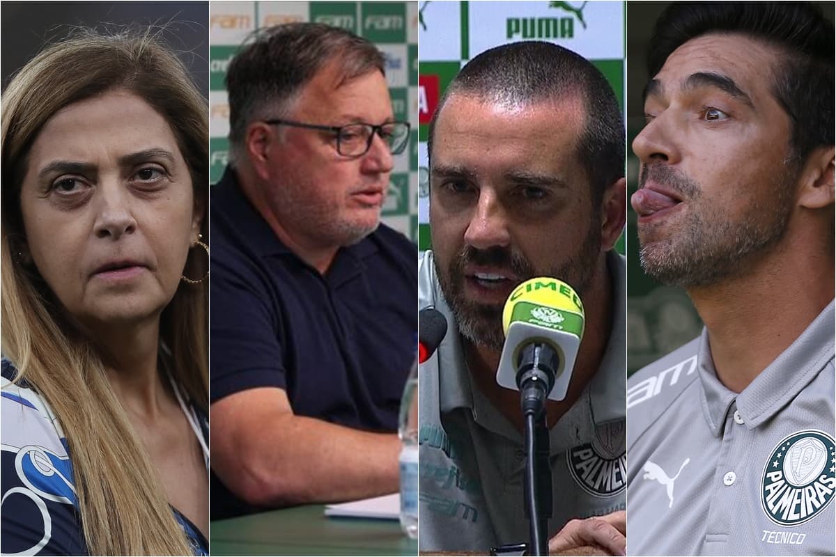 Montagem com Leila Pereira (presidente), Anderson Barros (diretor), João Martins (auxiliar) e Abel Ferreira (treinador) do Palmeiras com semblantes bravos